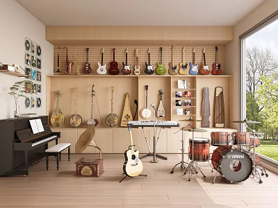 Organized Music Studio With Musical Instruments Art Supplies Guitars Piano Drum Set And Shelves 3d model