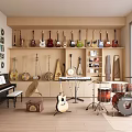 Organized Music Studio With Musical Instruments Art Supplies Guitars Piano Drum Set And Shelves