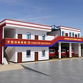 Fire Station Building With Red And White Exterior Surrounded By Trees And Parking Area