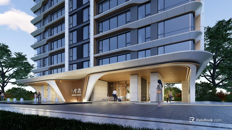 Modern Commercial Street With Glass Facade Open Entrance And Pedestrian Walkway 3d model 