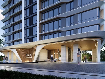 Modern Commercial Street With Glass Facade Open Entrance And Pedestrian Walkway 3d model