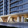Modern Commercial Street With Glass Facade Open Entrance And Pedestrian Walkway