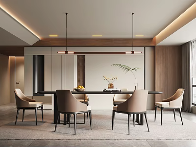 Elegant Modern Restaurant Interior With Wooden Dining Table Upholstered Chairs And Pendant Lights 3d model