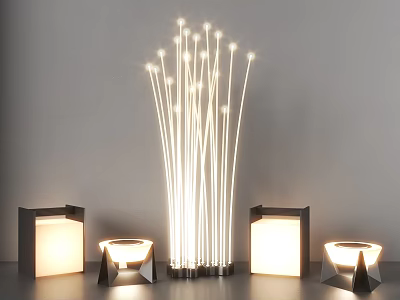 Outdoor Lights With Tall Slim Stems Top Bulbs And Surrounding Various Shaped Base Lamps 3d model