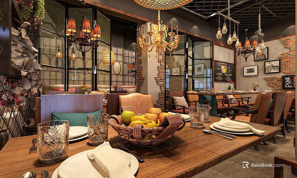 Cozy Cafe Interior Design With Hanging Chandeliers Fruit Basket Tableware And Decorative Lights 3d model 