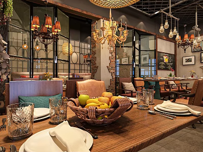 Cozy Cafe Interior Design With Hanging Chandeliers Fruit Basket Tableware And Decorative Lights 3d model