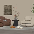 Quiet Style Single Sofa Lazy Sofa Vase Flower Ornaments Carpet Green Plant 3d model