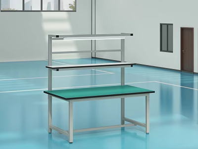 Functional Workbench With Sturdy Metal Frame Green Tabletop And Upper Storage Shelf 3d model