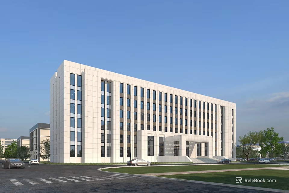 Modern Office Building With White Facade Glass Windows And Landscaped Surroundings 3d model 