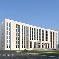 Modern Office Building With White Facade Glass Windows And Landscaped Surroundings