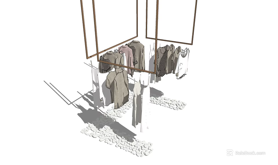 Wooden Clothes Hangers With Hanging Coats Shirts And Dresses On Pebble Ground 3d model 