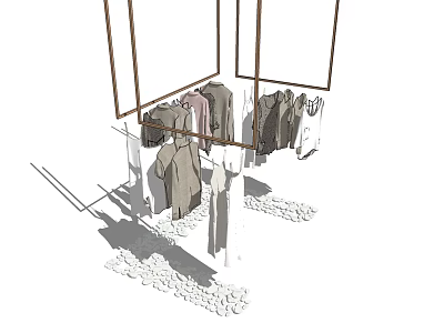 Wooden Clothes Hangers With Hanging Coats Shirts And Dresses On Pebble Ground 3d model