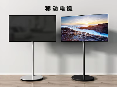 Two Modern Mobile TVs with Silver and Black Bases Showing Scenic Views 3d model