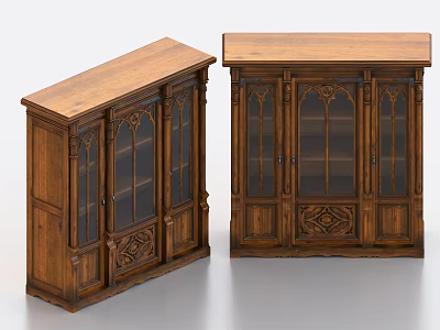 Two Wooden Bookcases With Intricate Carved Details And Glass Doors Design 3d model