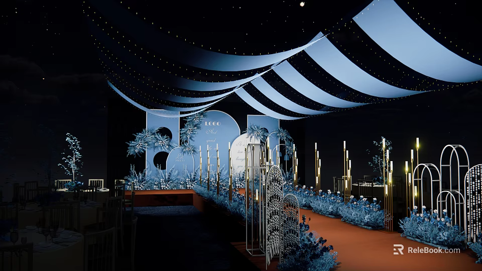 Elegant Banquet Hall Interior With Striped Ceiling Fairy Lights And Orange Carpet 3d model 