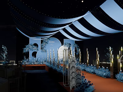 Elegant Banquet Hall Interior With Striped Ceiling Fairy Lights And Orange Carpet 3d model