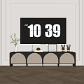 Modern Black And White TV Stand With Decorative Items And TV On Light Wall