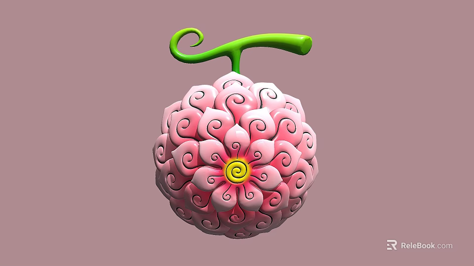 Unique Pink Spherical Fruit With Intricate Swirled Patterns And Green Curved Stem 3d model