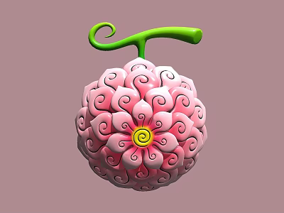 Unique Pink Spherical Fruit With Intricate Swirled Patterns And Green Curved Stem 3d model