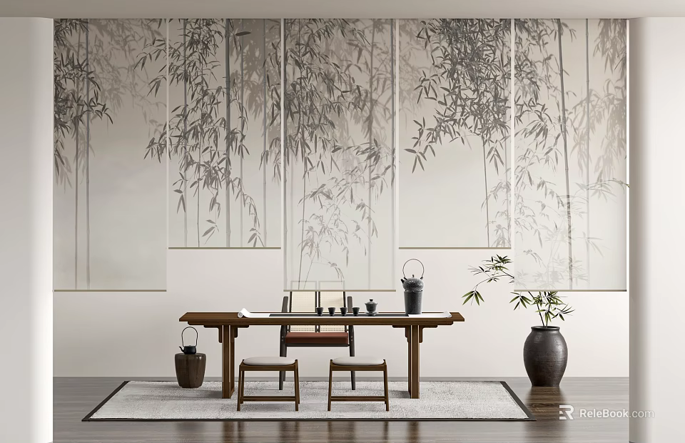 Elegant Chinese Style Curtains With Bamboo Pattern For Zen Interior Design 3d model 