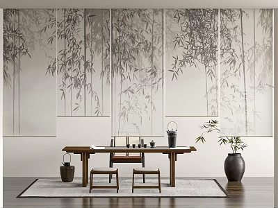 Elegant Chinese Style Curtains With Bamboo Pattern For Zen Interior Design 3d model
