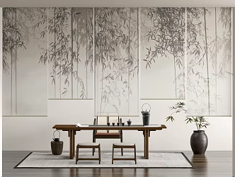 New Chinese-style Bamboo Gauze Curtain Roller Curtain Tea Table and Chair 3d model