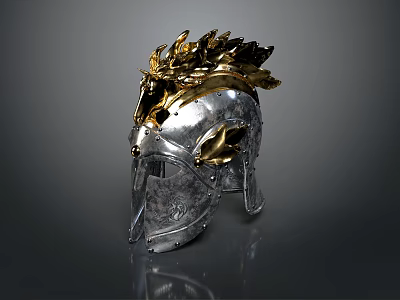 Ancient Silver Metallic Helmet With Gold Feathered Crest And Ornate Decorative Details 3d model