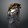 Ancient Silver Metallic Helmet With Gold Feathered Crest And Ornate Decorative Details