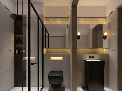 Modern Minimalist Bathroom Interior Design With Black Framed Glass Shower And Warm Ambient Lighting 3d model