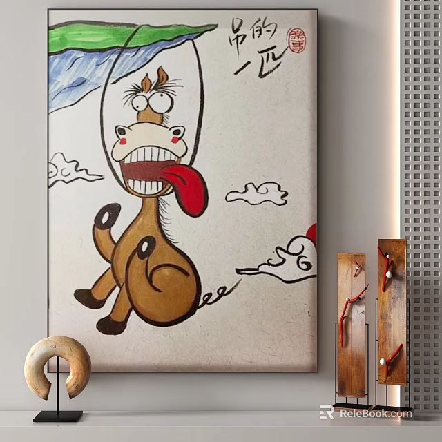Cartoon Horse Wall Art With Exaggerated Expression And Cloud Background Decor 3d model