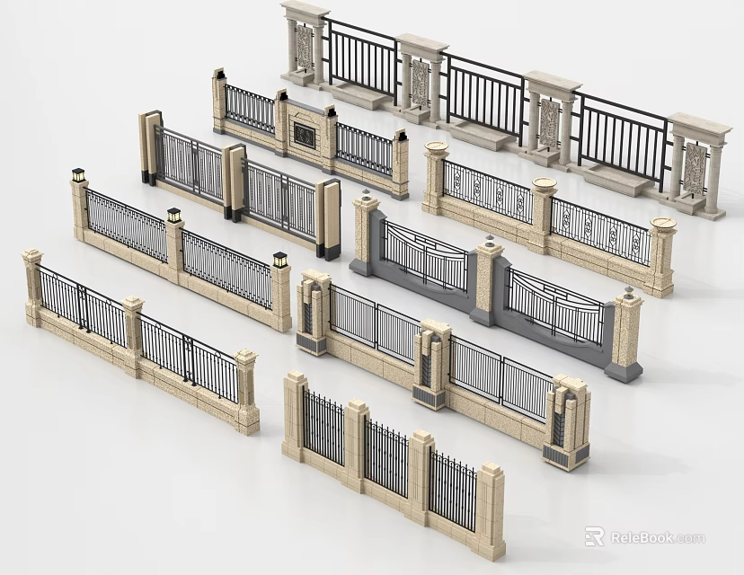 Various Garden Wall Designs With Ornamental Railings And Stone Elements 3d model