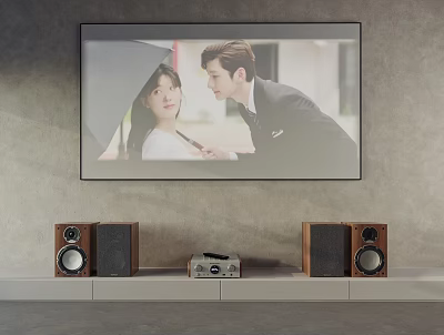 Flat Screen TV Mounted On Living Room Wall With Speakers 3d model