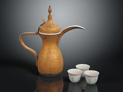 Vintage Brass Teapot With White Cups Featuring Green Patterns On Black Surface 3d model