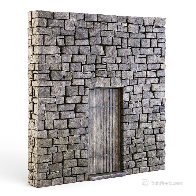 Building Exterior Wall Constructed With Rustic Irregular Stones And Wooden Door 3d model 