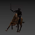 Game Movie Character in Armor Riding Running Brown Horse Holding Spear
