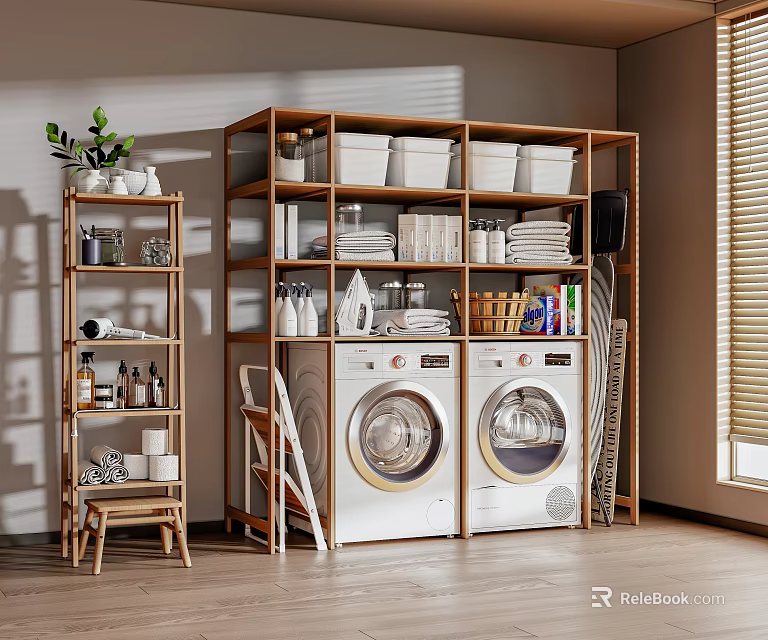 Laundry Room With Wooden Storage Shelf Two Washing Machines Storage Baskets And Cleaning Supplies 3d model 