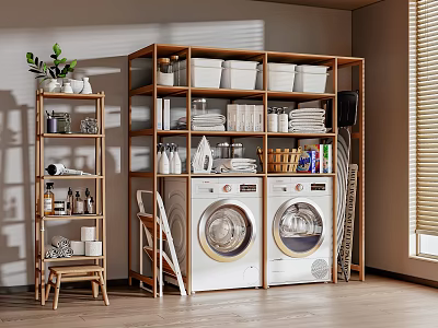 Laundry Room With Wooden Storage Shelf Two Washing Machines Storage Baskets And Cleaning Supplies 3d model