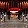 Luxury Club Lounge Interior With Circular Ceiling Red Central Decor Geometric Walls And Green Plants