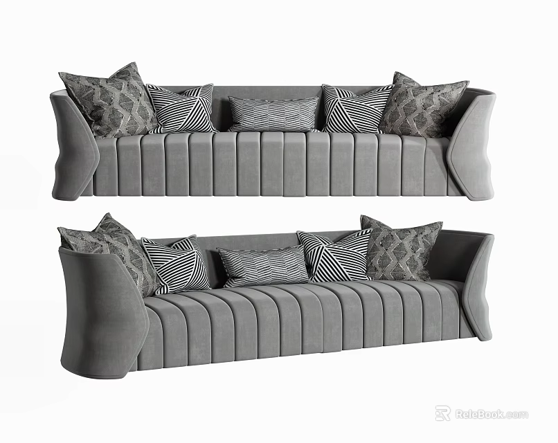 Gray Striped Sectional Sofa With Geometric Pattern Pillows Modern Design 3d model
