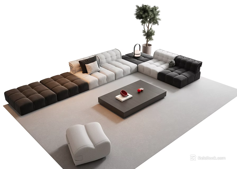Modern Sectional Sofa Coffee Table Combination With Black White Gray Tones Potted Plant And Ottoman 3d model 