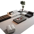 Modern Sectional Sofa Coffee Table Combination With Black White Gray Tones Potted Plant And Ottoman