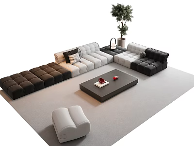 Modern Sectional Sofa Coffee Table Combination With Black White Gray Tones Potted Plant And Ottoman 3d model