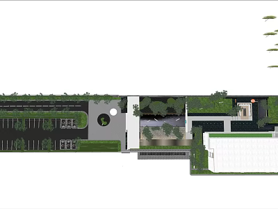 Garden Landscape Design Featuring Greenery Parking Pathways And Building Layout 3d model