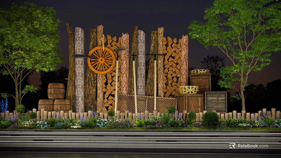 Garden Ornamental Setup With Wooden Stake Wall Wagon Wheel Stacked Firewood And Plants 3d model 