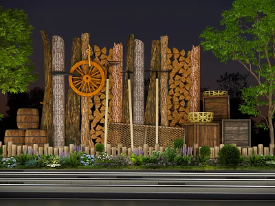 Garden Ornamental Setup With Wooden Stake Wall Wagon Wheel Stacked Firewood And Plants 3d model
