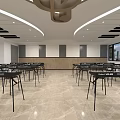 Bright Book Art Classroom With Neatly Arranged Tables Chairs Large Windows And Round Fans
