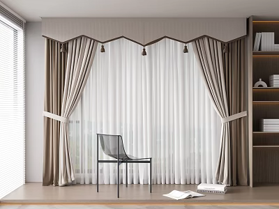 Elegant Modern Beige And White Pleated Curtains With Tiebacks For Living Room 3d model