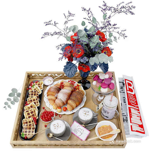 Fresh Breakfast Tray with Croissants Waffles Macarons Berries Coffee and Flowers 3d model 