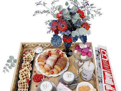 Fresh Breakfast Tray with Croissants Waffles Macarons Berries Coffee and Flowers 3d model