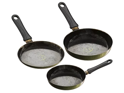 Set of Three Frying Pans With Black Handles And Textured Surface 3d model